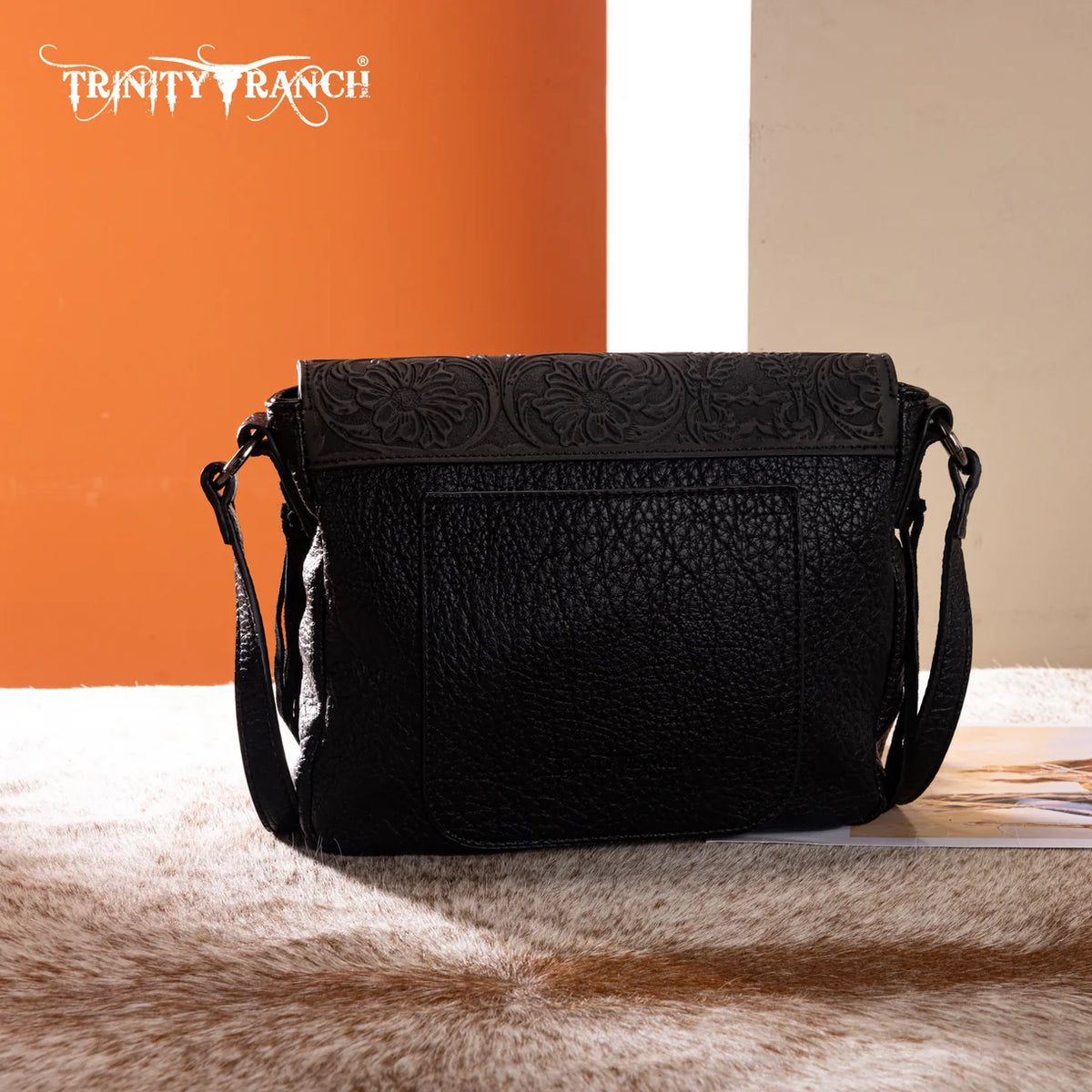 Trinity Ranch Genuine Cowhide Tooled Crossbody Purse – Black
