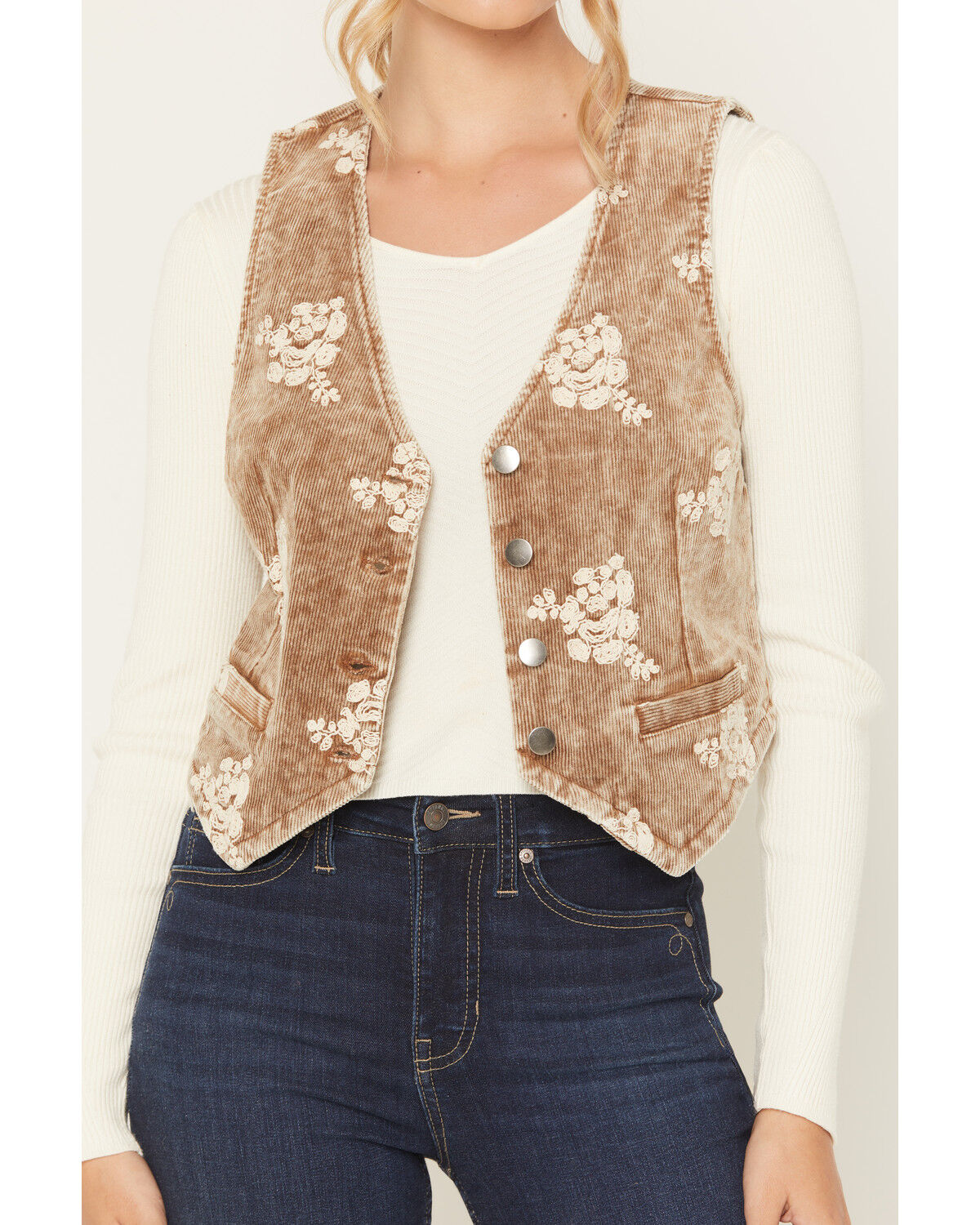 Mystree Women's Corduroy Floral Embroidered Vest