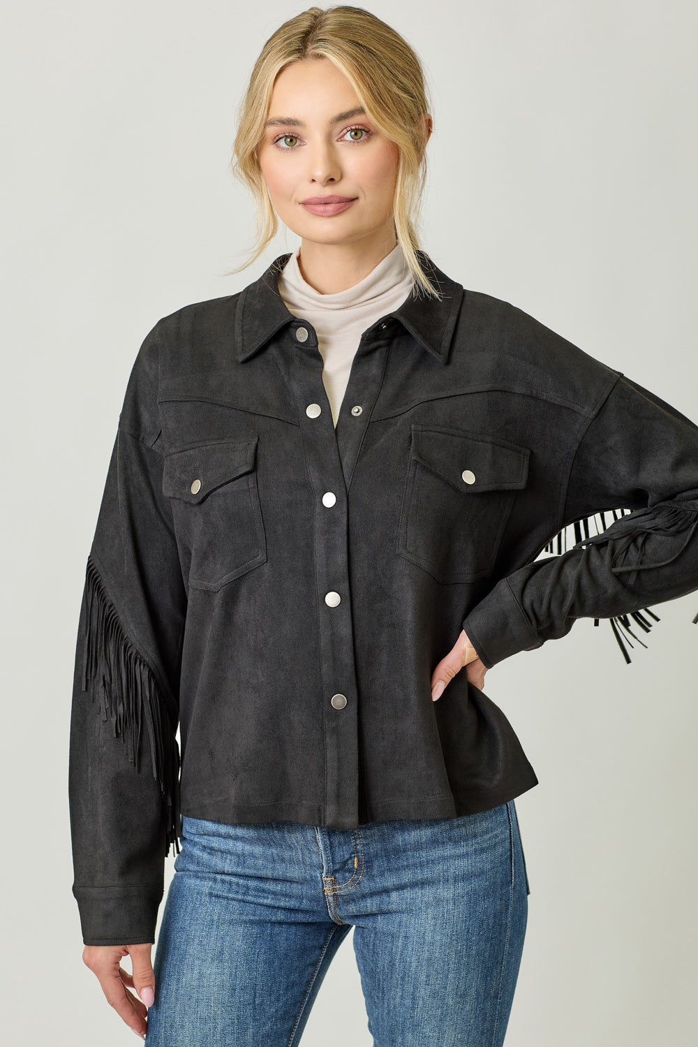 Mystree Fringe Faux Suede Jacket - Black