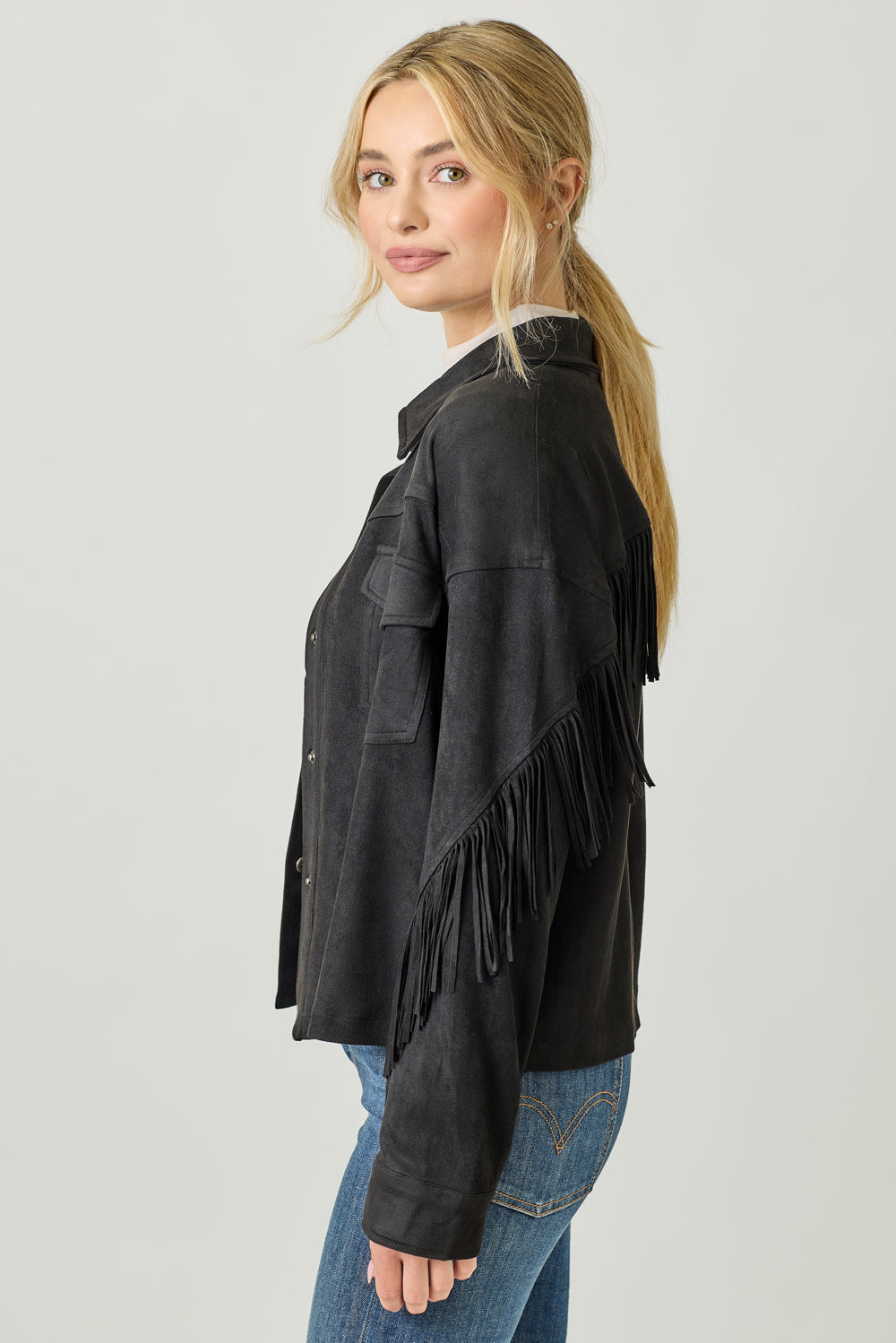 Mystree Fringe Faux Suede Jacket - Black