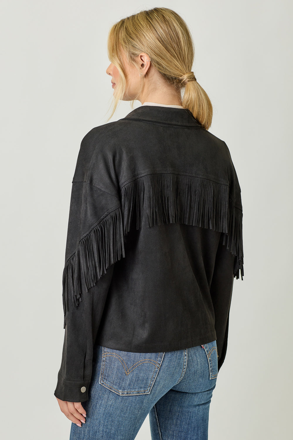 Mystree Fringe Faux Suede Jacket - Black