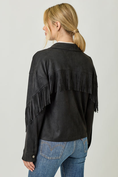 Mystree Fringe Faux Suede Jacket - Black