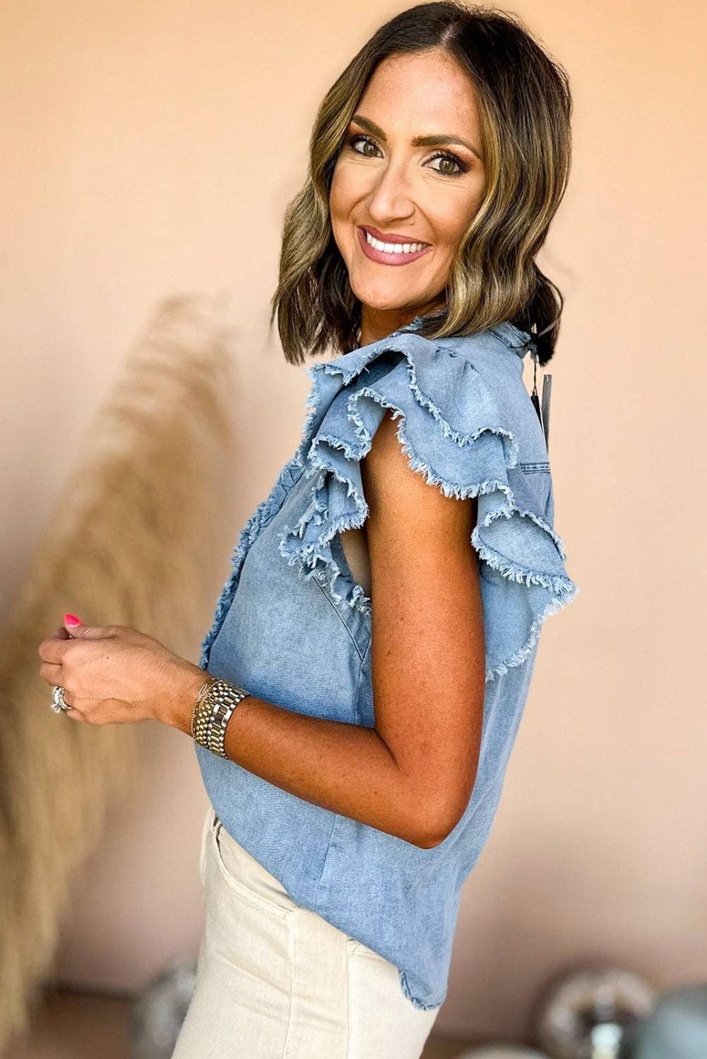 Beau Blue Button Front Ruffled Frayed Denim Top