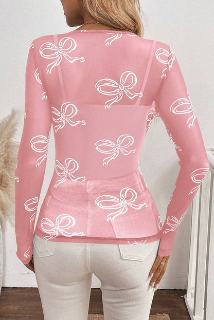 Pink Bow Long Sleeve Mesh Top