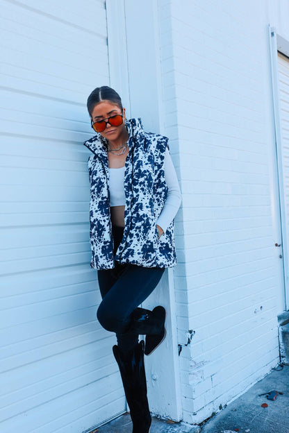 Black and White Cowhide Puffer Vest