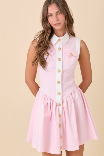 Collared Button Down Denim Mini Dress - Light Pink