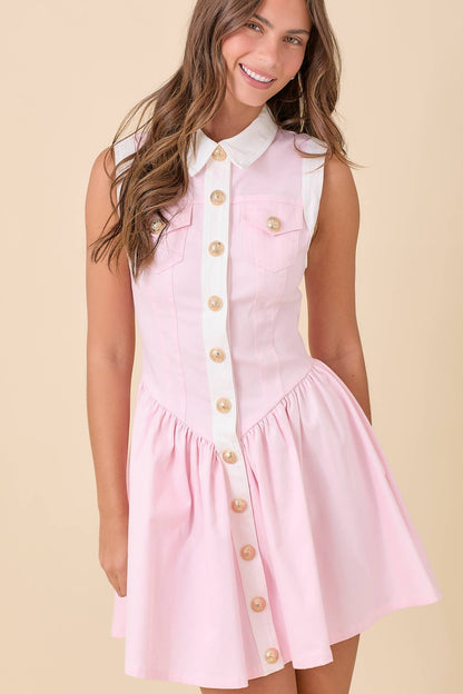 Collared Button Down Denim Mini Dress - Light Pink