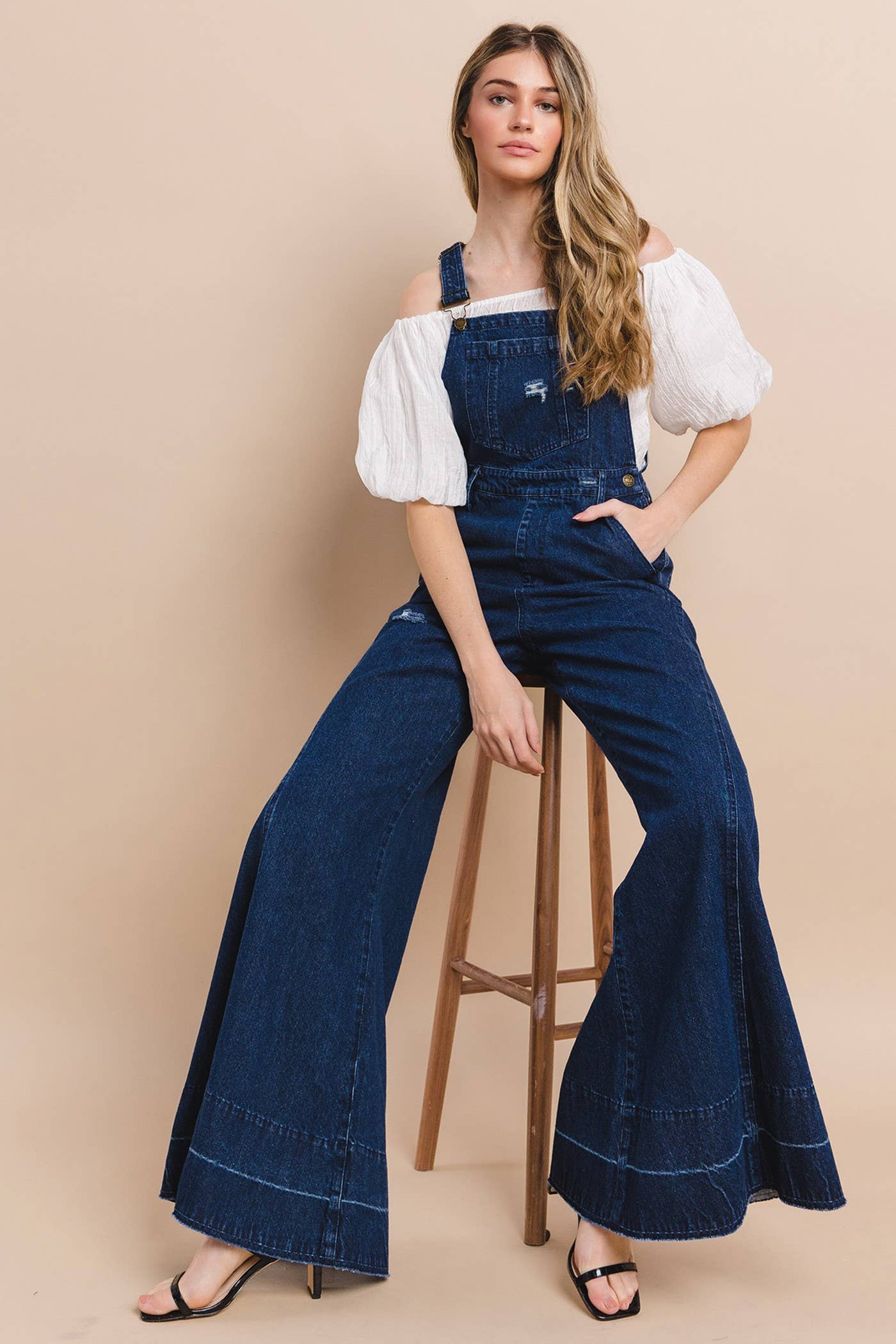 Wisteria Lane Wide Leg Denim Flare Overalls - dark denim