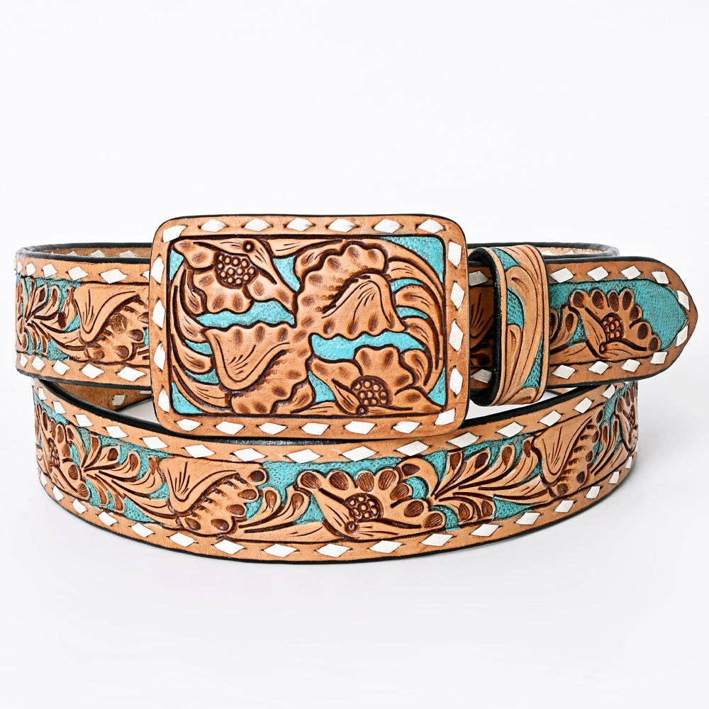 Hand Tooled Genuine Leather Belt and Buckle - Brown & Teal