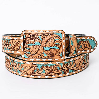 Hand Tooled Genuine Leather Belt and Buckle - Brown & Teal