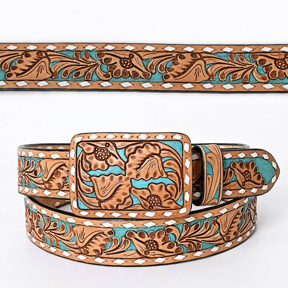 Hand Tooled Genuine Leather Belt and Buckle - Brown & Teal
