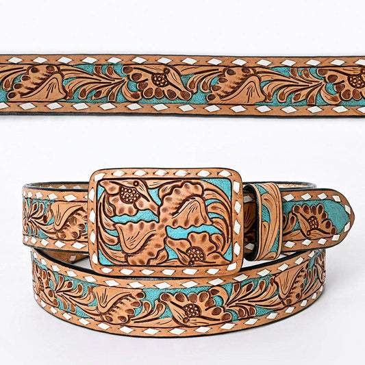 Hand Tooled Genuine Leather Belt and Buckle - Brown & Teal