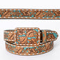 Hand Tooled Genuine Leather Belt and Buckle - Brown & Teal