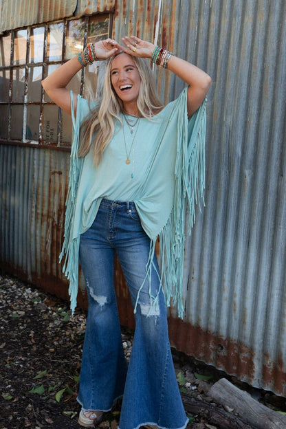 Three Bird Nest - Showstopper Fringe Top - Washed Seafoam