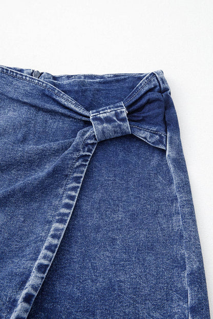 Acid Wash Denim Asymmetric Twisted Wrapped Zipped Skort