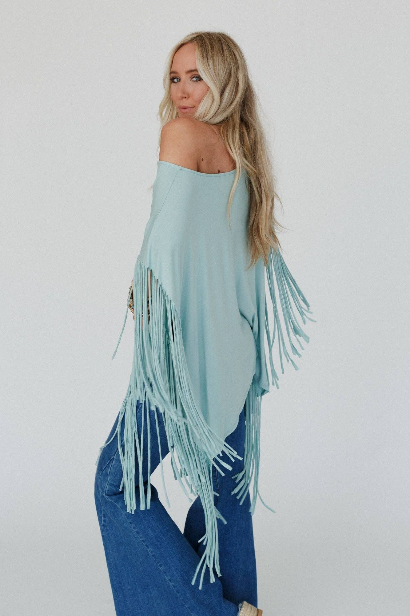Three Bird Nest - Showstopper Fringe Top - Washed Seafoam