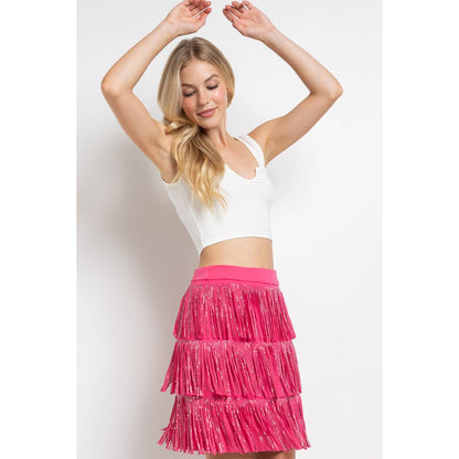 Rhinestone Suede Fringe Skirt - Pink