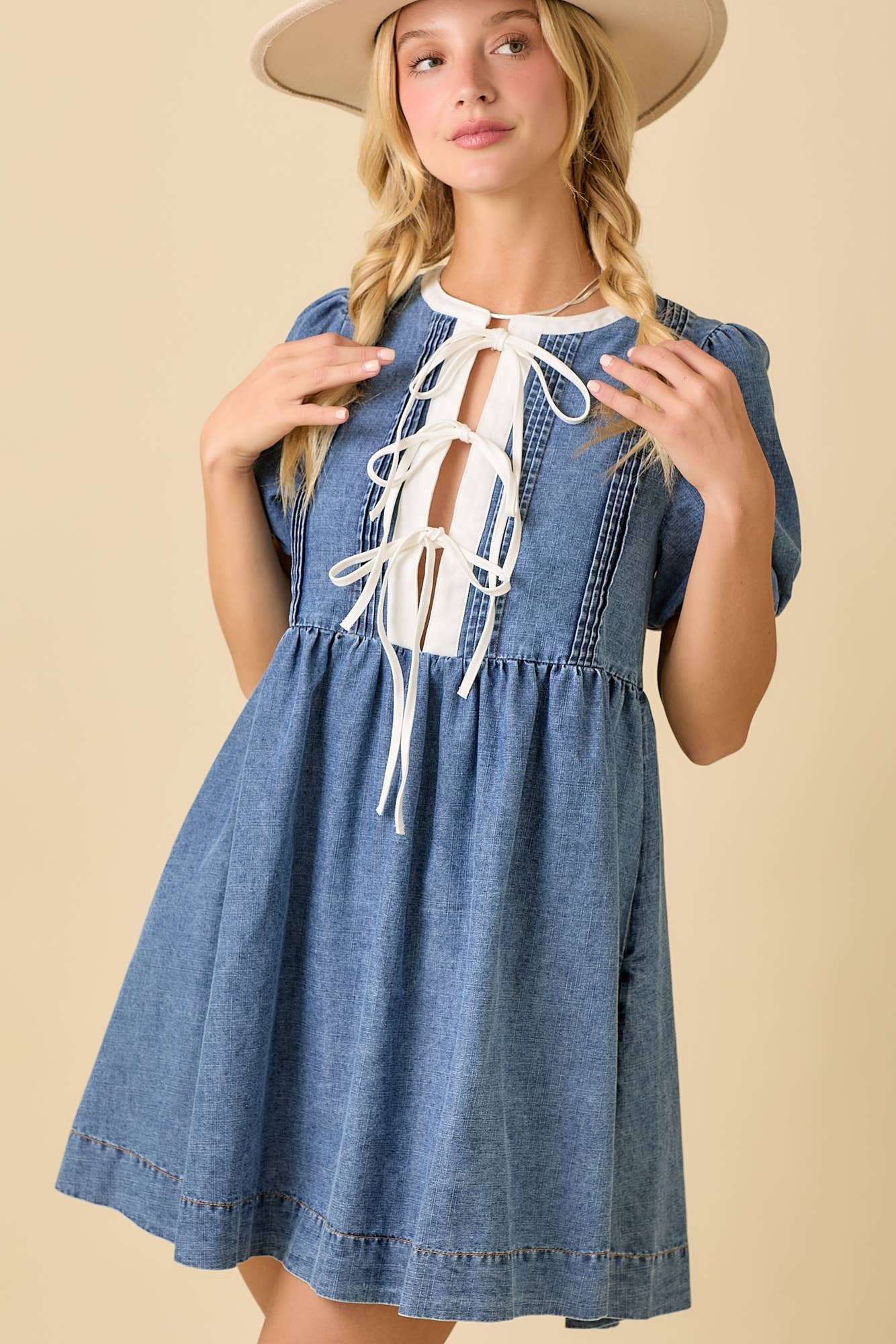 The Paisley Dress - Baby Doll Mini Denim Dress with Bows
