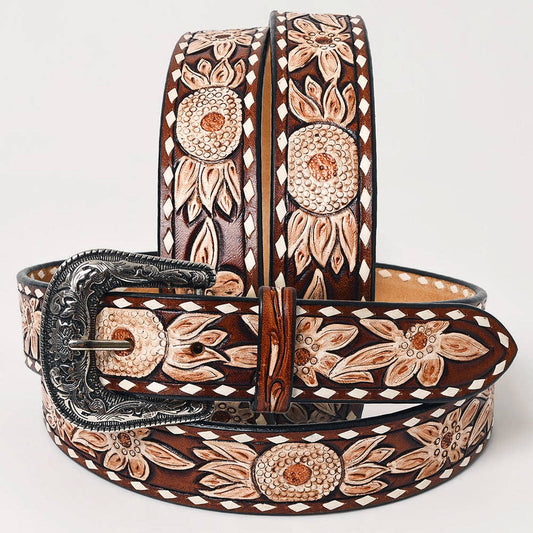 Genuine Tooled Leather Belt with Silver Removable Buckle