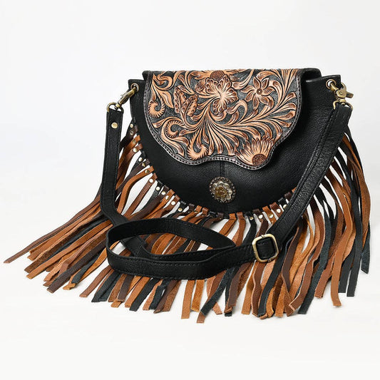 Genuine Leather Tooled Crossbody Fringe Bag
