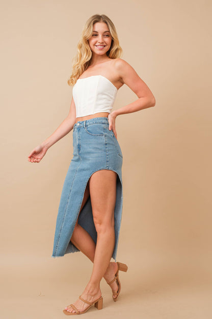 Mid Rise Midi Side Cut Denim Skirt