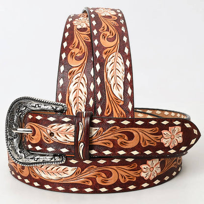 Tooled Leather Western Belt - Feathers & Florals with Silver Buckle