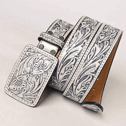 Hand Tooled Genuine Leather Belt and Buckle - Grey
