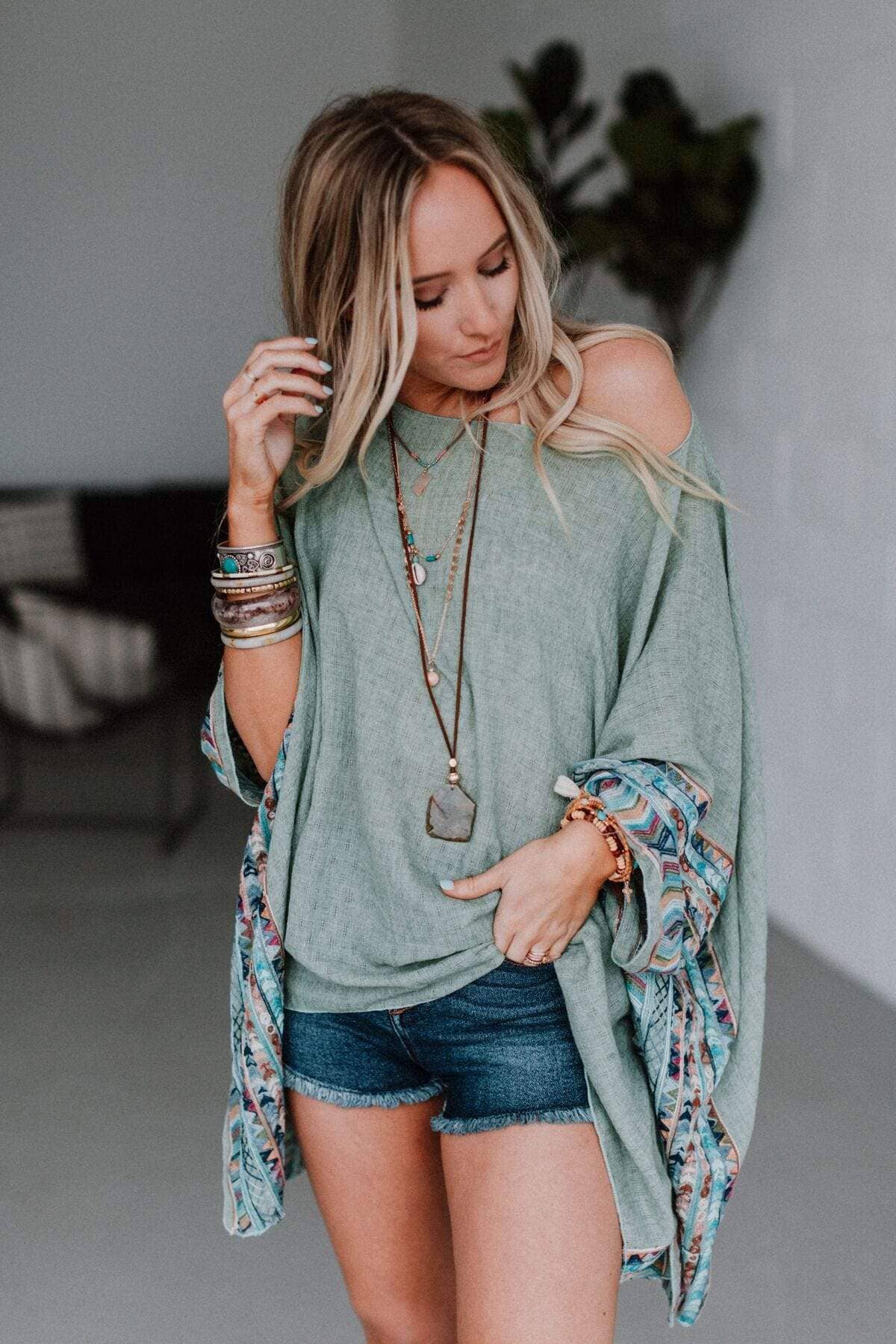 Fallon Embroidered Sleeve Poncho by Three Bird Nest - Sage