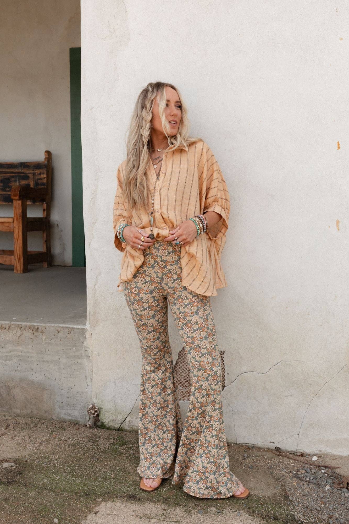 Dream in Flowers Flare Pants - Denim Khaki by Three Birds Nest