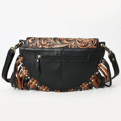 Genuine Leather Tooled Crossbody Fringe Bag