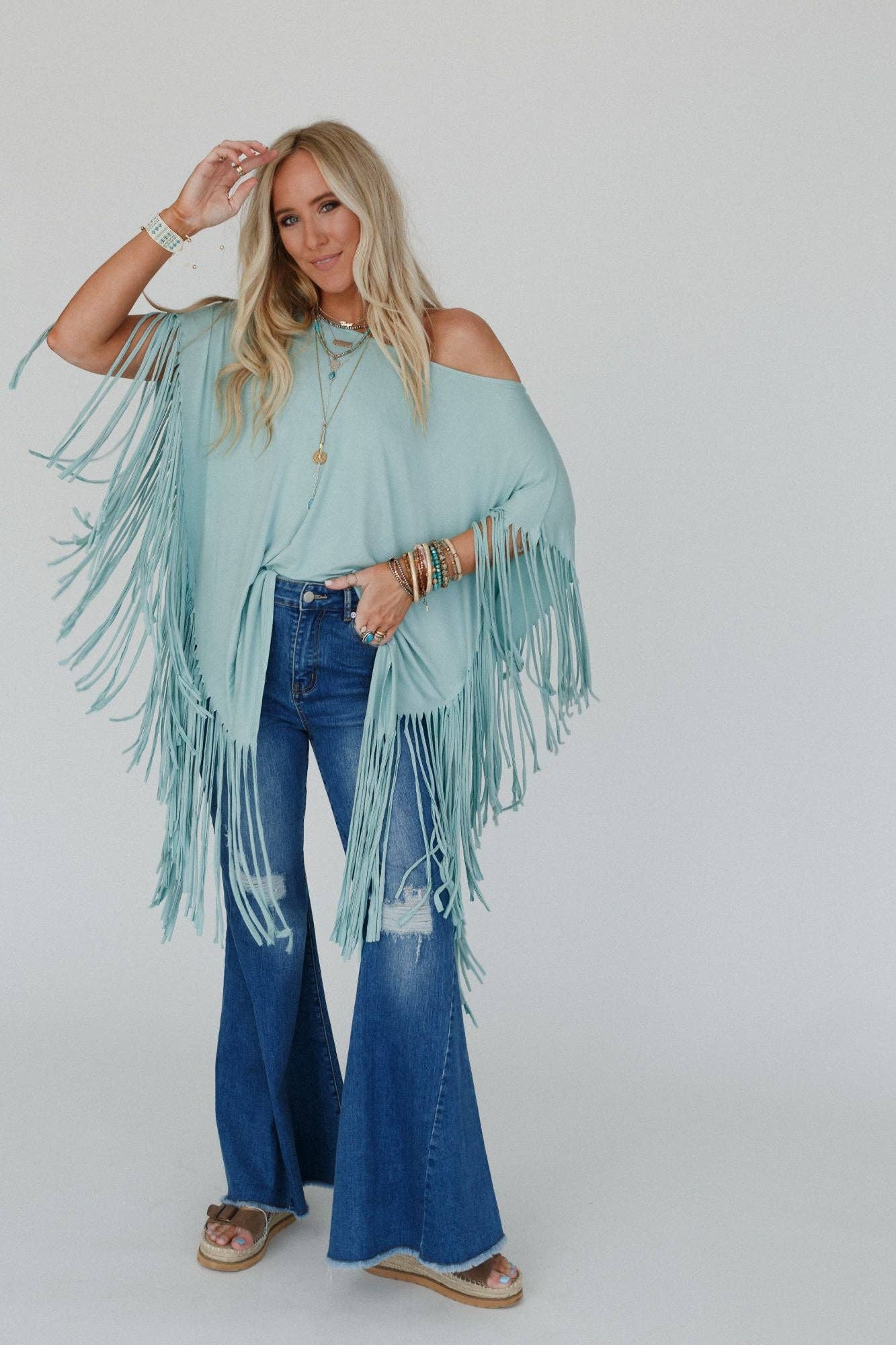 Three Bird Nest - Showstopper Fringe Top - Washed Seafoam
