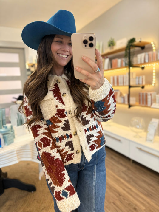 Aztec Cardigan with Sherpa Trim by Rock & Roll Denim