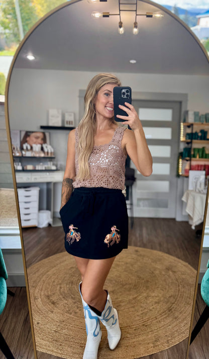 Buckaroo Babe - Black Sequin Bronc Rider High Waist Skort