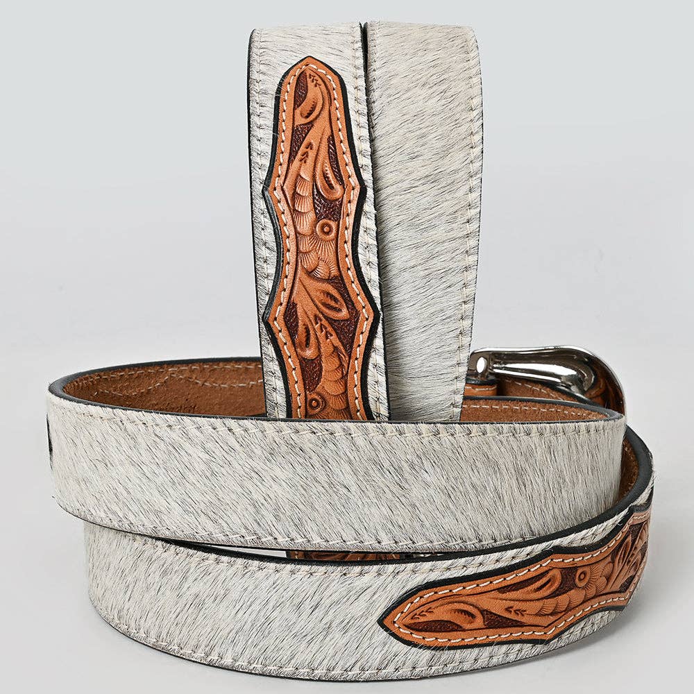White Hair-On Cowhide Belt with Floral Tooled Leather & Silver Buckle