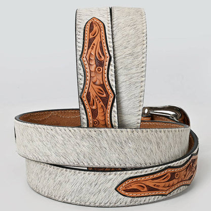 White Hair-On Cowhide Belt with Floral Tooled Leather & Silver Buckle