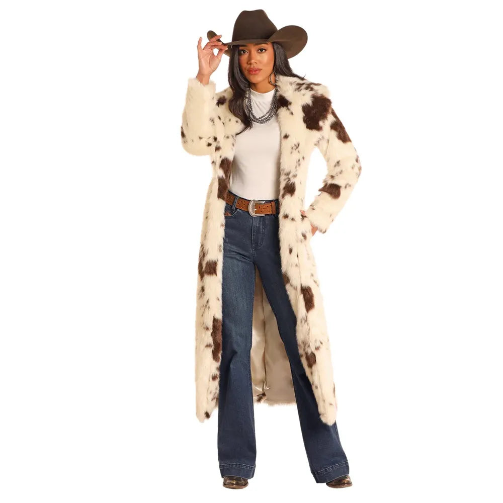 Panhandle Women's Cow Print Long Fur Coat