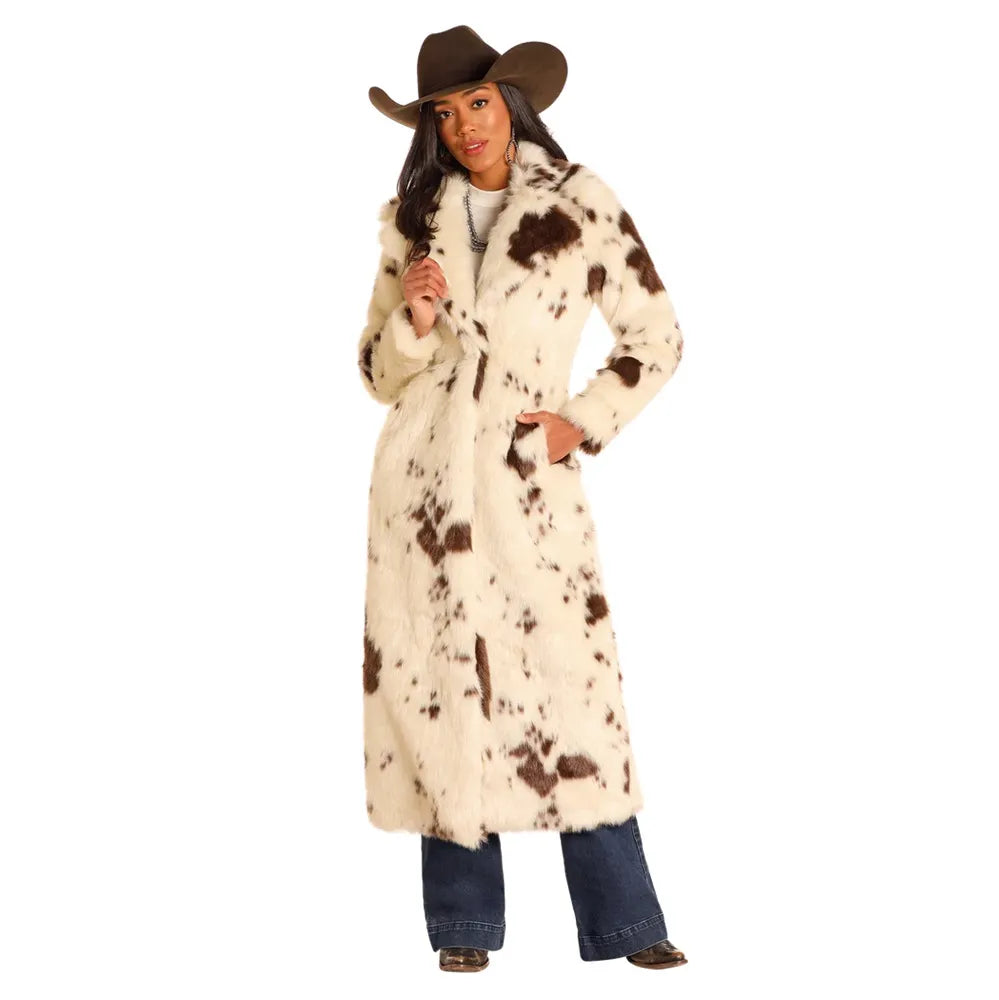 Panhandle Women's Cow Print Long Fur Coat