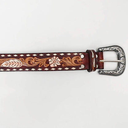 Genuine Leather Hand Tooled Belt - Brown