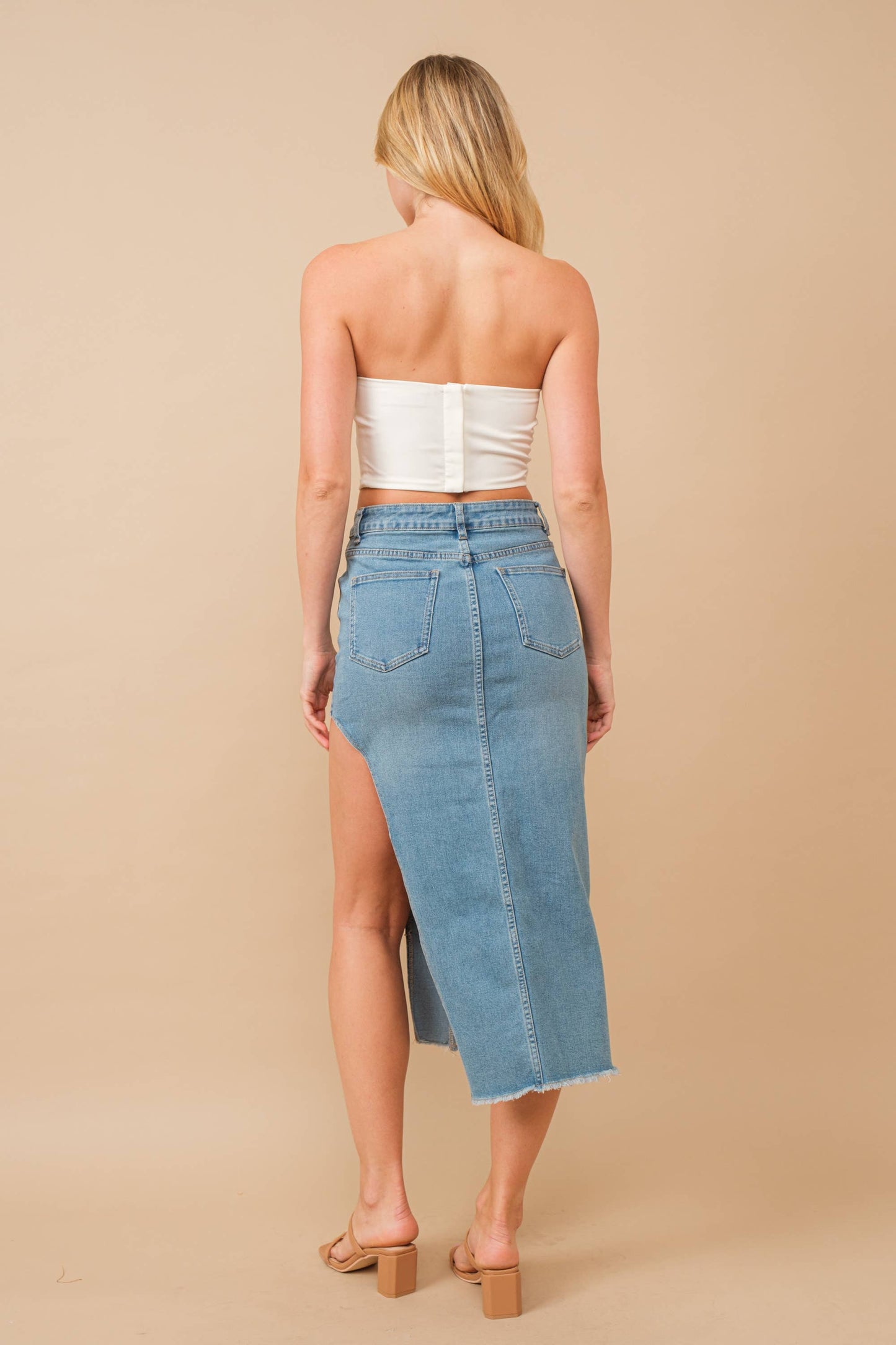 Mid Rise Midi Side Cut Denim Skirt