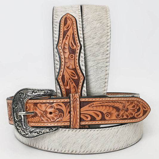White Hair-On Cowhide Belt with Floral Tooled Leather & Silver Buckle