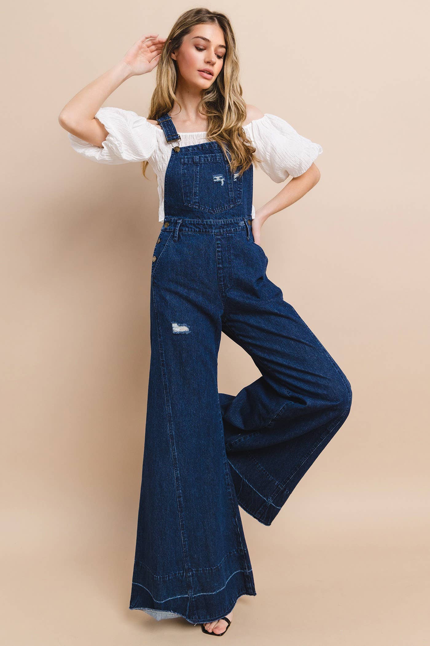 Wisteria Lane Wide Leg Denim Flare Overalls - dark denim