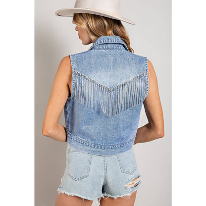 Denim Vest With Rhinestine Fringe