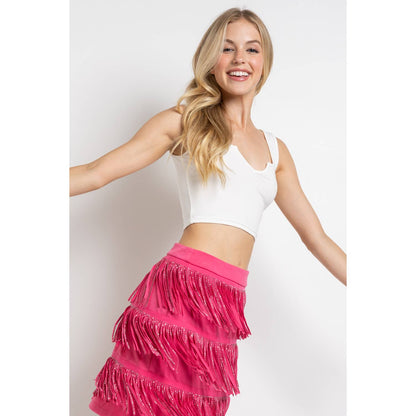 Rhinestone Suede Fringe Skirt - Pink