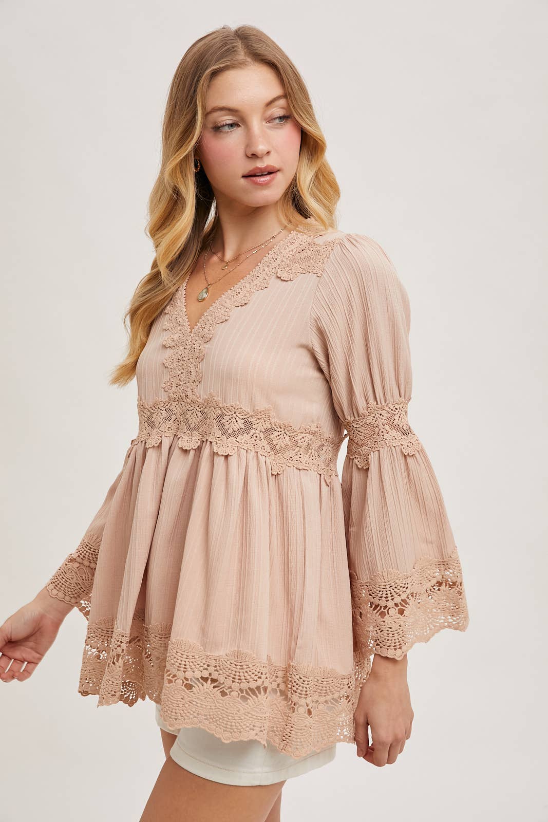 The Georgia Lace Trimmed Bell Sleeve V-Neck Blouse