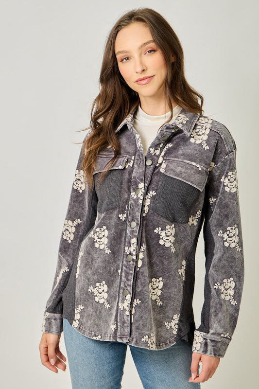 Mystree Embroidered Floral Corduroy Shacket - Washed Black