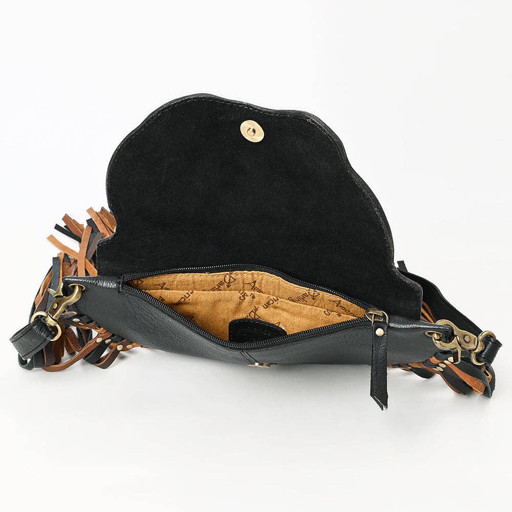 Genuine Leather Tooled Crossbody Fringe Bag