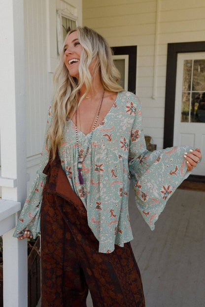 Brea Mixed Print Top by Three Birds Nest - Sage Floral Print