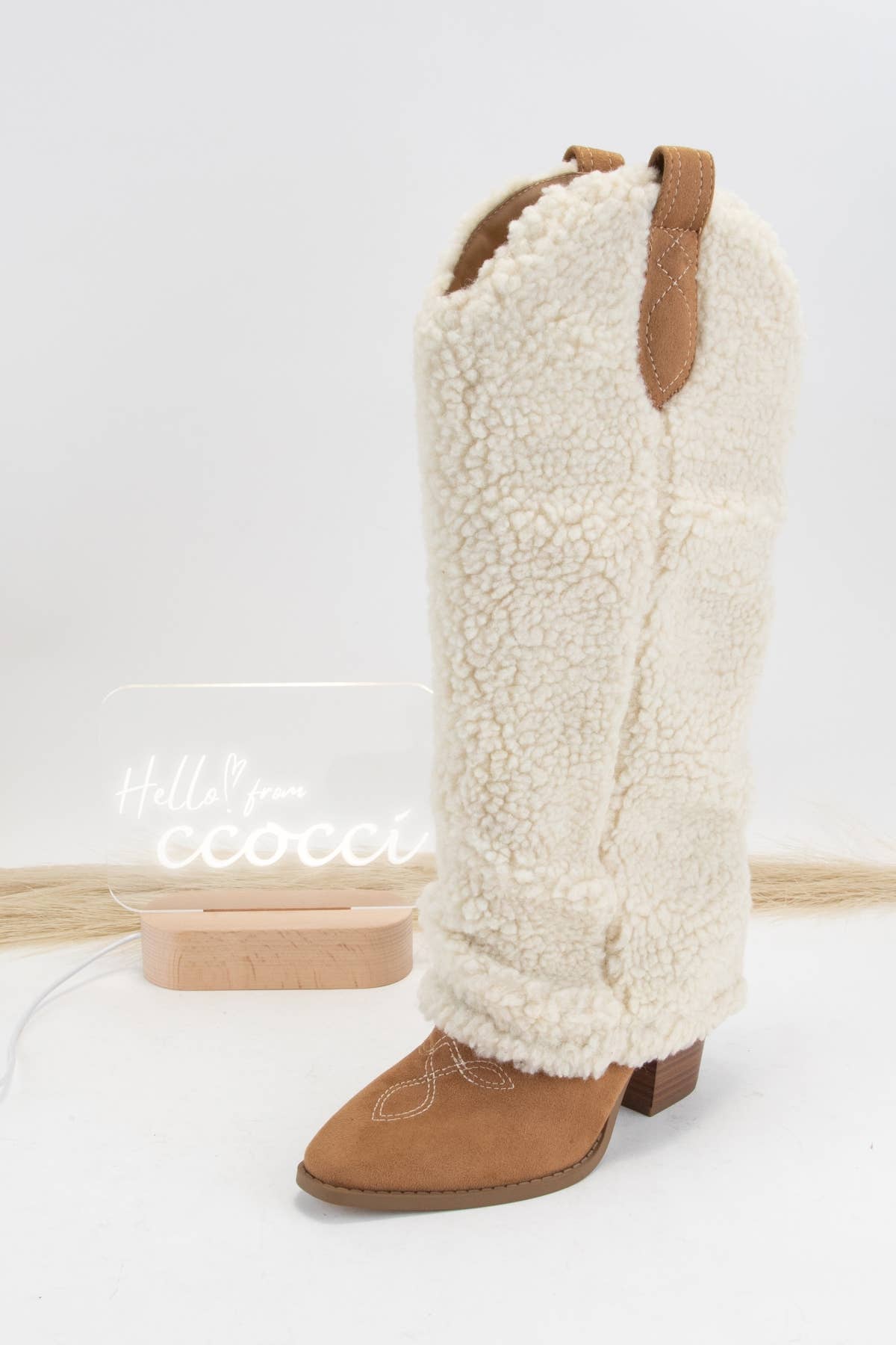 Boujee Cowgirl Slouchy Sherpa Boots (Tan)