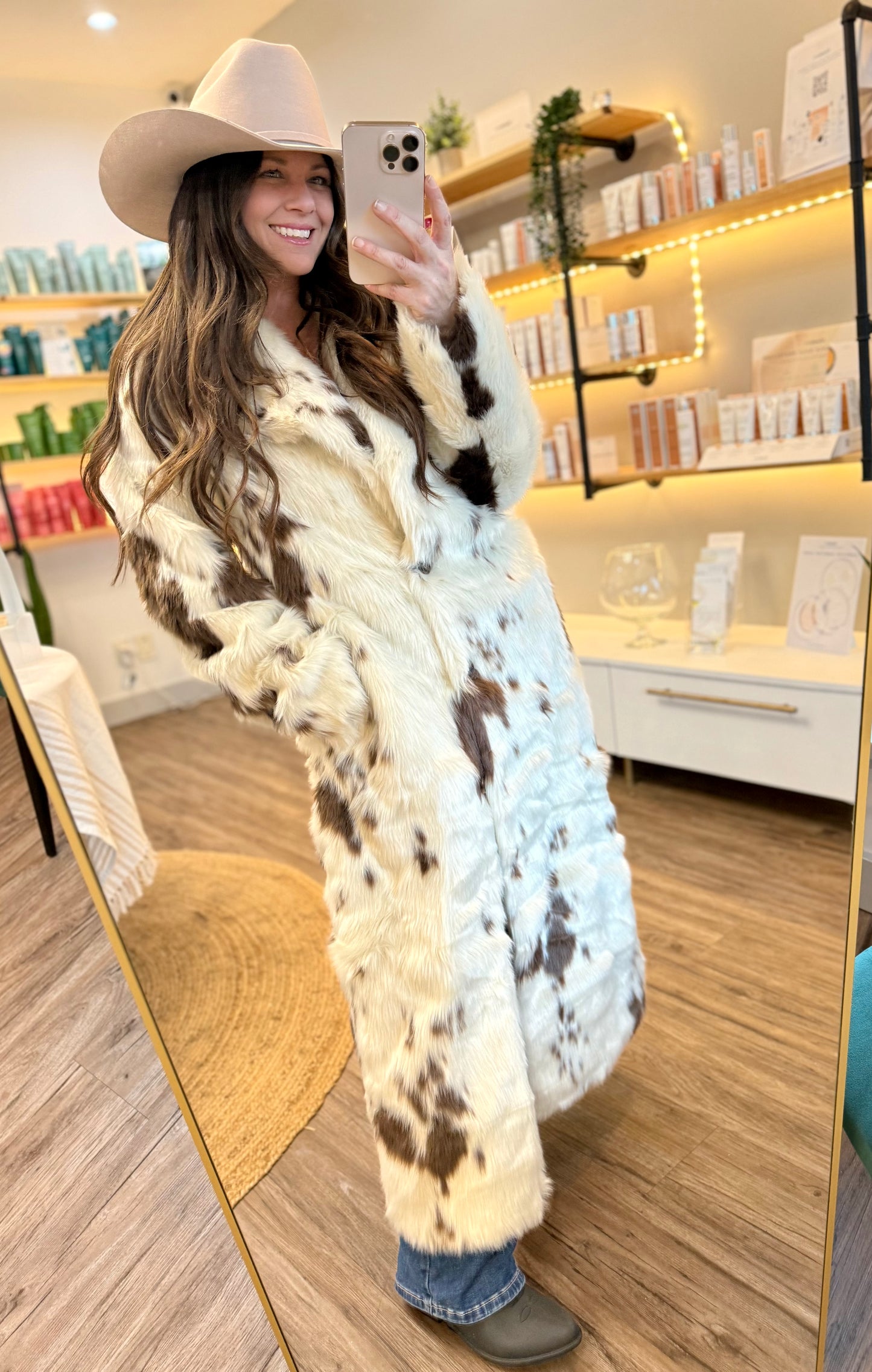 Panhandle Women's Cow Print Long Fur Coat