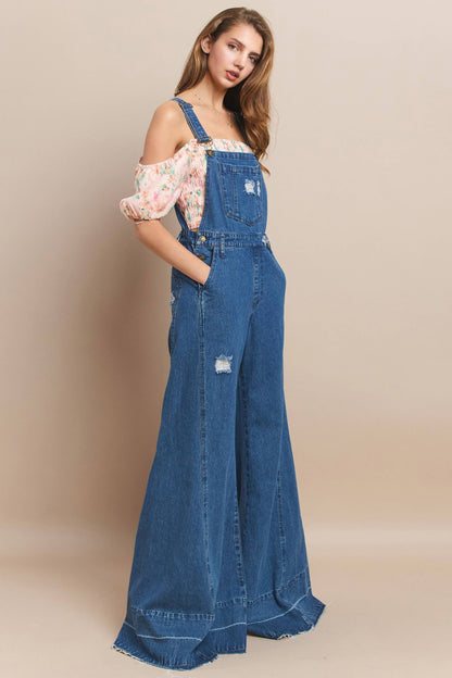 Wisteria Lane Wide Leg Denim Flare Overalls - medium denim
